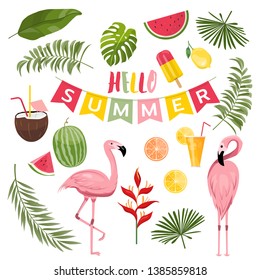 summer icons set, ice cream, drinks, palm leaves, fruits and flamingo. Bright summertime poster. Collection of scrapbooking elements for beach party.