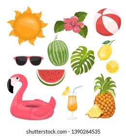 summer icons set, ice cream, drinks, palm leaves, fruits and flamingo. Bright summertime poster. Collection of scrapbooking elements for beach party.