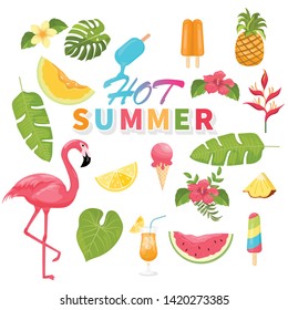 summer icons set, ice cream, drinks, palm leaves, fruits and flamingo. Bright summertime poster. Collection of scrapbooking elements for beach party.