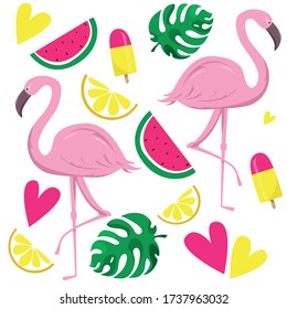 summer icons set, ice cream, fruits and flamingo. Bright summer poster.