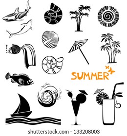 Summer icons set isolated on white background. Collection of design elements. Vector Illustration