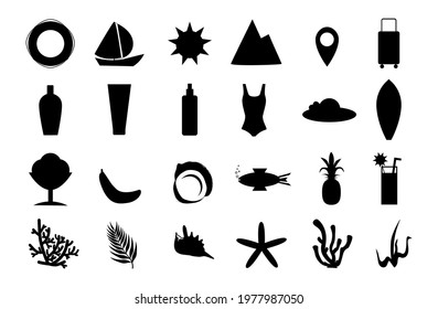 Summer icons set isolated on white background. Travel. Pictogram. For women. Vector illustration.