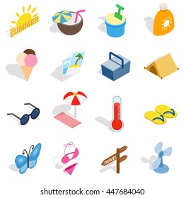 Summer icons set in isometric 3d style isolated vector illustration