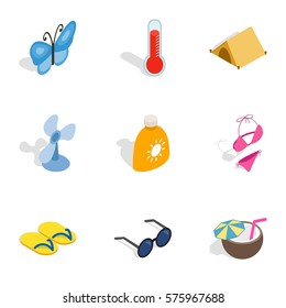 Summer icons set. Isometric 3d illustration of 9 summer vector icons for web