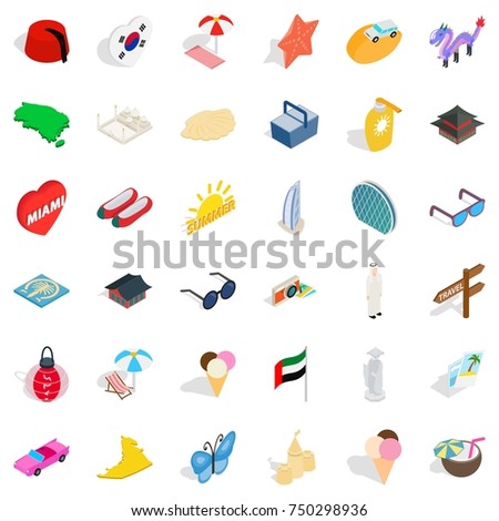 Summer icons set. Isometric style of 36 summer vector icons for web isolated on white background