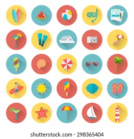 Summer icons set with long shadow, vector illustration. Travel infographics design elements collection