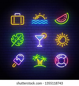 Summer icons set. Summer neon sign. Bright signboard, light banner. Neon isolated icon, emblem. Suitcase, 
Sunset, Watermelon, Tropical leaves, Cocktail, Sun, Ice cream, Palm, Lifebuoy