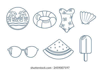 Summer icons set, outline illustration. Different summer elements vector illustration.