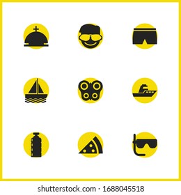Summer icons set with pizza, ship and food elements. Set of summer icons and sailboat concept. Editable vector elements for logo app UI design.