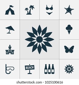 Summer icons set with sand castle, starfish, palms sea star elements. Isolated vector illustration summer icons.