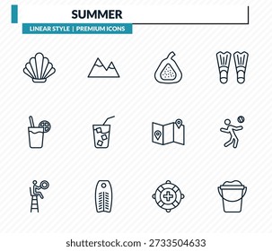 summer icons set - seashell, mountains, fig, beach volleyball, sand bucket outline vector collection.