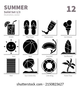 Summer icons set, Solid, vector and illustration set 1