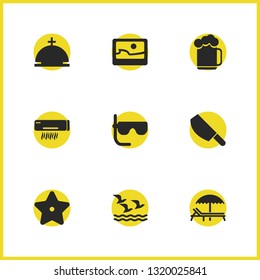 Summer icons set with starfish, picture and sea birds elements. Set of summer icons and platter concept. Editable vector elements for logo app UI design.