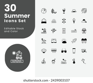 summer icons set such as sun, hot weather, summer holidays, etc