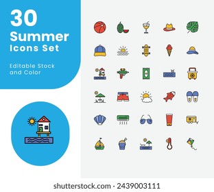 summer icons set such as sun, hot weather, summer holidays, etc