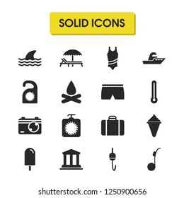 Summer icons set with suitcase, fire and popsicle elements. Set of summer icons and monowheel concept. Editable vector elements for logo app UI design.