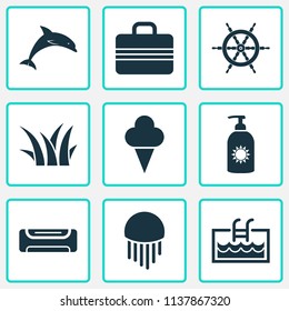 Summer icons set with suitcase, grass, ship helm and other swimming elements. Isolated vector illustration summer icons.