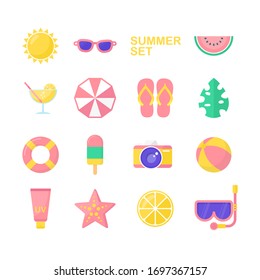 Summer icons set. Summertime travel recreation holiday flat icons collection. Vector illustration.