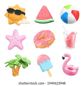 Summer icons set. Sun, ball, inflatable flamingo toy, watermelon, cocktail, palm trees, starfish, donut, ice cream. 3d vector plasticine art objects