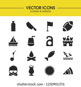 Summer icons set with sun, cleaver and fish elements. Set of summer icons and geek concept. Editable vector elements for logo app UI design.