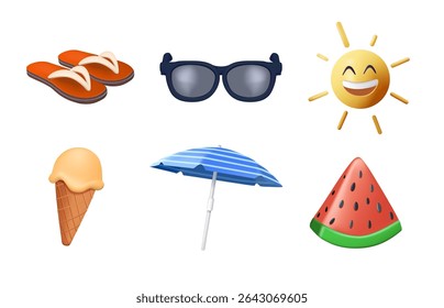 Summer icons set. Sun, glasses, flip flops, watermelon and umbrella with ice cream. 3D render vector illustration isolated on white