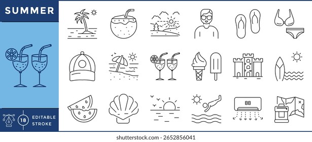 Summer icons set. Sun rays, beach umbrella, sunglasses, ice cream, bikini, sunhat, watermelon slice, swimming, and many more. Vector editable stroke.
