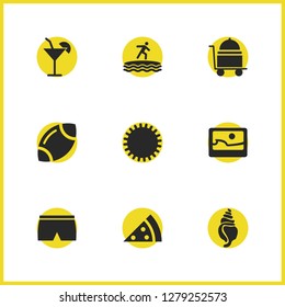 Summer icons set with sun, shorts and pizza elements. Set of summer icons and sunshine concept. Editable vector elements for logo app UI design.