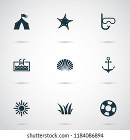 Summer icons set with sun, swimming mask, shell and other camp elements. Isolated vector illustration summer icons.
