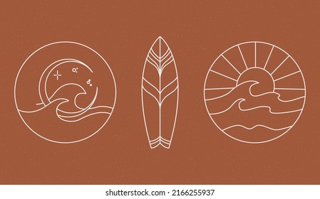 Summer icons set with surfboards, palm leaves, corrals and seashells. Cute sea, ocean and brown background with sand.