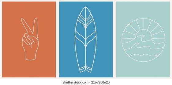 Summer icons set with surfboards, palm leaves, corrals and seashells. Cute sea, ocean and brown background with sand.