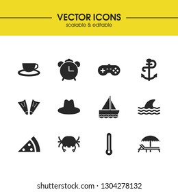 Summer icons set with thermometer, crab and hat elements. Set of summer icons and lobster concept. Editable vector elements for logo app UI design.