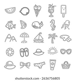 Summer icons set.  Set of summer icons. Tropical beach doodles. Vacation and travel elements. Black and white line art.Holiday season clipart. Vector set of travel icons.hand drawn sea icons set.