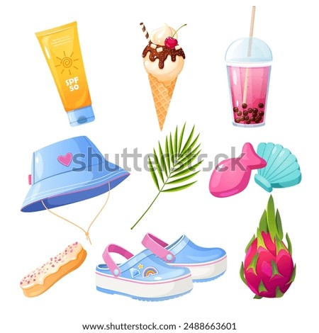 Summer icons set with tropical fruits, leaves, sweets, ice drink, kids toys and clothes.