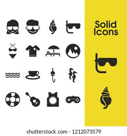 Summer icons set with umbrella with lounger, guitar and t-shirt elements. Set of summer icons and geek concept. Editable vector elements for logo app UI design.
