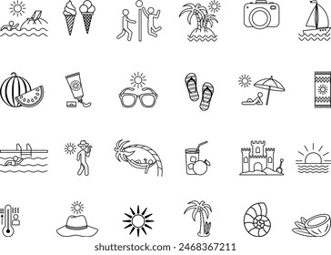 Conjunto de iconos de verano. Iconos vectoriales de playa, sol, voleibol de playa, sandía, equipaje, helado, caliente, piscina, gafas de sol, coco y otros