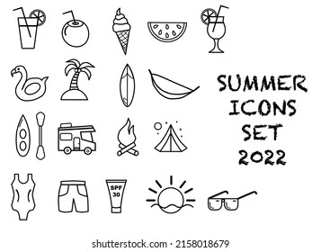 Summer icons set in vector. Black and white tourism signs. Vacation outline icon set. Summer line icons set