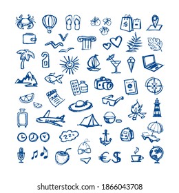 summer icons set - vector drawing flat style. tourism - hand drawing, doodle style. summer illustration - sun, clothing, vacation. plants and mountains