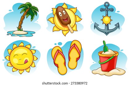 Summer Icons Set. A set of summer vector icons: palm tree on small island, happy ice cream cartoon, boat anchor, sun cartoon, beach slippers, beach bucket and shovel.