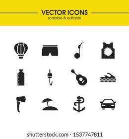 Summer icons set with water bike, casual and beach elements. Set of summer icons and rod concept. Editable vector elements for logo app UI design.