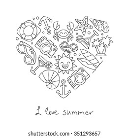 Summer. Icons in the shape of a heart. The inscription "I love the summer." Vector illustration on white background.