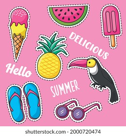 summer icons stickers with dotted lines. fruits with toucan and summer elements