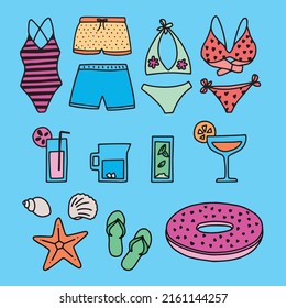 Summer icons with swimsuits, cocktails and shellfishs