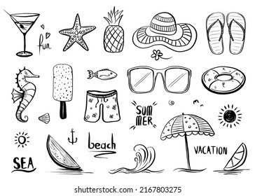 Summer icons and tags vector set with hand drawn foods, drinks and beach accessories. 