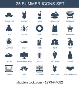 summer icons. Trendy 25 summer icons. Contain icons such as woman hat, swim suit, soda, barbecue, bee, beetle, sun, singlet, barbeque, ladybug. summer icon for web and mobile.