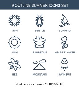 summer icons. Trendy 9 summer icons. Contain icons such as sun, beetle, surfing, barbecue, heart flower, bee, mountain, swimsuit. summer icon for web and mobile.