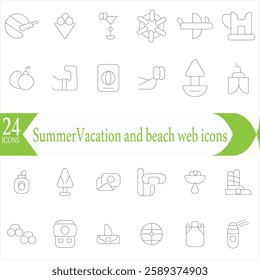 Summer icons. Vacation and beach web icons in line style. Travel, holiday, tourism, hotel, passport, maps, landscape, camera. Icon collection. Vector illustration.