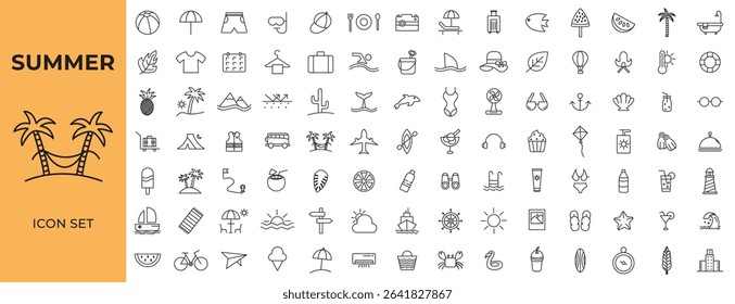 Summer Icons, Vacation and beach web icons in line style.