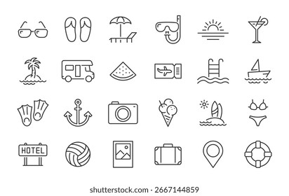 Iconos de verano. Iconos web de vacaciones y playa en estilo de línea. Viajes, vacaciones, turismo, hotel, pasaporte, mapas, paisaje, cámara. Colección de íconos. Ilustración vectorial.