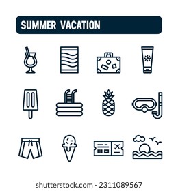 Summer icons. Summer vacation vector set. Linear icon design.