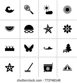 Summer icons. vector collection filled summer icons. includes symbols such as sprouting, flower, rake, swimming cap and glasses, sun. use for web, mobile and ui design.